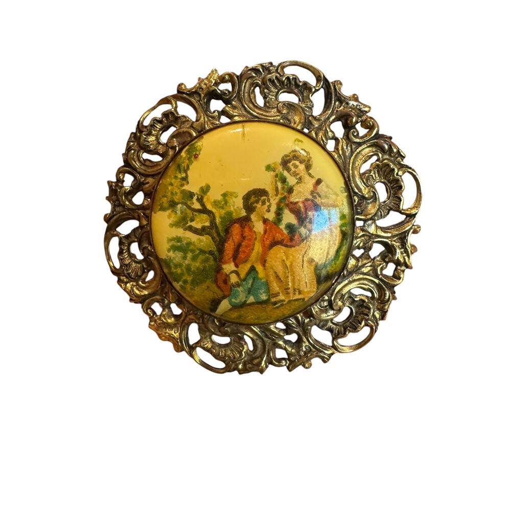Coro Vintage Courting Couple Transfer Goldtone Frame Brooch Pin
